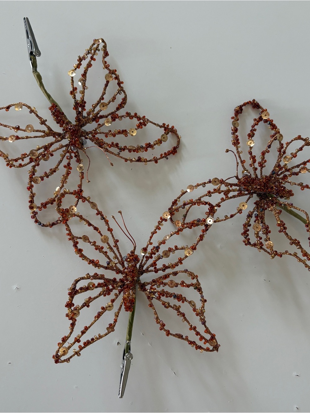 Set of 3 Vintage Beaded Bronze Copper Flower Clips Decorative Christmas Ornament